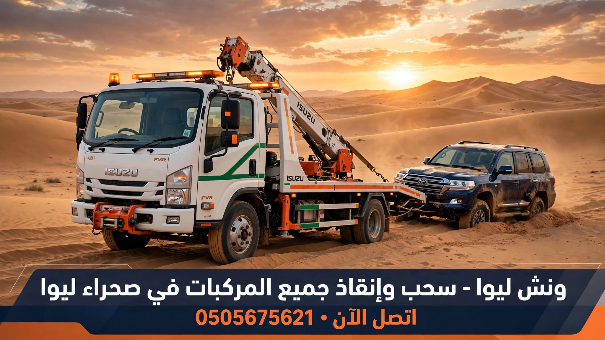 ونش ليوا — خدمة سحب واستخراج السيارات من الرمال في واحة ليوا
